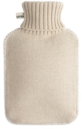 Öko Wärmflasche mit Bezug, 1.8 Liter mit feinem Strickbezug und weißen Nähten (Creme)
