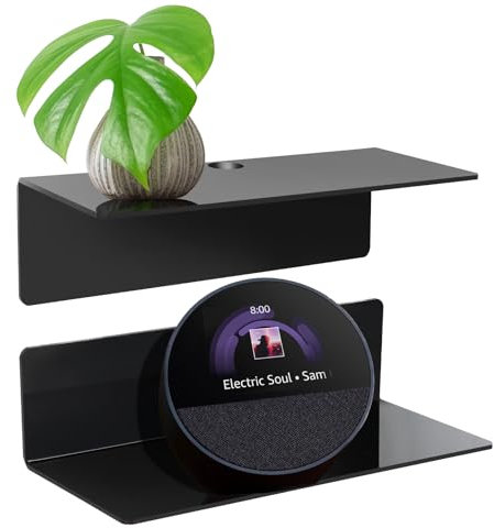 Black Shelves – Stick On Floating Storage Shelves for Wall 24×10cm, No Drill Acrylic Wall Mounted Shelf for Bathroom, Bedroom, Kitchen – Self Adhesive Mini Shelf for Ornaments & Smart Devices – 2 Pack