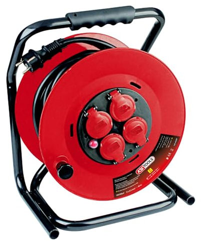KS Tools - 150.4222F - Enrouleur électrique - Rallonge électrique sur touret - Enrouleur de 40 m - 4 prises à clapet de 16A/230 V - Poignée de transport
