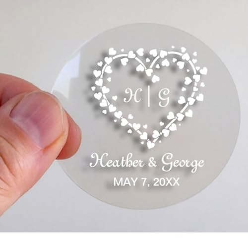 Personalisierte transparente Aufkleber, personalisiertes Herz-Design mit Initialen, 100 Stück, 4 cm Durchmesser, Hochzeitsnamen- und Datumsaufkleber, transparente Vinyl-Etiketten für Einladungen