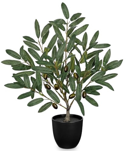 Hollyone Planta de olivo artificial en maceta, planta artificial de olivo falso, vegetación sintética decorativa con maceta blanca para decoración del hogar, baño, sala de estar, cocina, estante