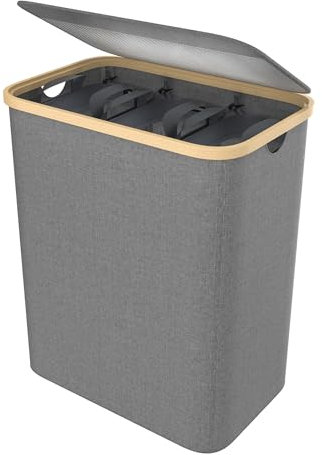 VANCHEMO Wäschekorb mit Deckel 3 Fächer, Faltbar Wäschesammler Wäschesortierer Wäschetonne mit Abnehmbarem Wäschesack Griffen Wäschebox Laundry Baskets für Waschküche, Schlafzimmer,140L (Grau)