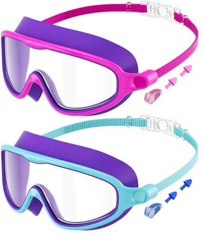 Senders 2 Pack Kids Swimming Goggles Wide Vision Swim Goggles with Ear Plugs Nose Clip Anti Fog UV Protection No Leakage Clear Vision for Children Early Teens 3 to 15 Years Old Child