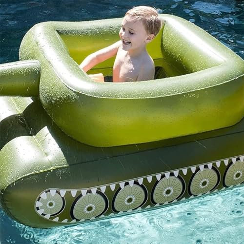 Aufblasbarer Schwimmbad-Panzerschwimmer, Kampfpanzer-Aufsitzer Mit Wasserspritzpistolen, Schwimmfloßspielzeug Für Jungenmädchen Im Alter Von 6 Jahren, Lustige Aufblasbare Panzer-Pool,Grün,110*100*55CM