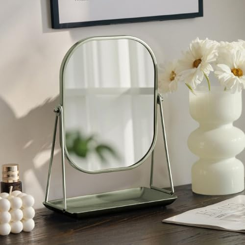 Hosoncovy Metal Frame Desktop Mirror with Stand Tabletop Makeup Mirror with Storage Tray Free Standing for Bathroom Bedroom (Green)