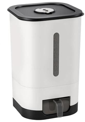 BREEZENEST Rice Storage Container 14LB/25LB Durable Plastic Rice Bin (White&Black/Transparent&Black) for Kitchen Dry Grain Storage (White&Black, 25LB)