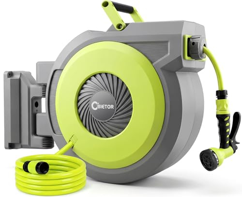 Bietor Avvolgitubo retrattile da giardino, 1/2 x 40 m+2 m, resistente ai raggi UV, resistente, automatico, montaggio a parete, con ugello a 9 modelli, blocco di qualsiasi lunghezza, ritrazione lenta