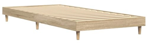 Foknhdi Bettgestell 75x190 cm in Sonoma-Eiche, Einzelbett aus Holzwerkstoff mit Eukalyptusholz-Füßen, Inklusive Lattenrost, Stabiler Bettrahmen für Schlafzimmer