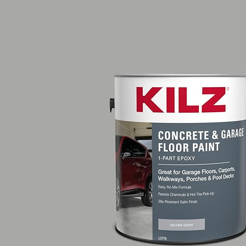 KILZ 1-Part Epoxy Acrylic Interior/Exterior Concrete & Garage Floor Paint, Satin, Silver Gray, 1 gallon