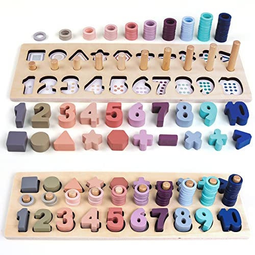 QZMTOY Counting Shape Stacker Wooden Count Sort Stacking Tower with Wood Colorful Number Shape Math Blocks for Kids Preschool Educational Toddlers Toy