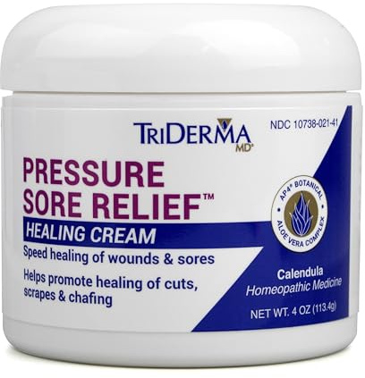 TriDerma MD Pressure Sore Relief Healing Cream for Bed Sores Treatment, Ulcers, Pressure Sores, Wound Healing, Chafed Skin and Hard-to-Heal Skin Sores with Calendula and AP4 Aloe, 4 oz Jar