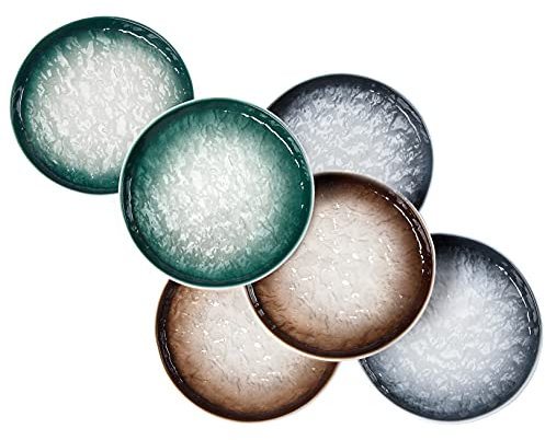 Eglaf 6'' Ceramic Small Appetizer Plates - Porcelain Gradient Water Wave Embossed Texture - Dessert Plates for Tea Party, Cake, Ice cream, Waffles, Apple Pie, Snacks (Set of 6-3 Colors Mix)