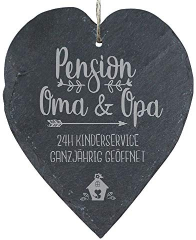 4you Design Schieferherz mit Gravur • Pension Oma & Opa • Geschenkidee für die Großeltern, zum Muttertag & Vatertag, Geschenk zum Geburtstag, Deko Herz mit Kordel zum Aufhängen (23x27cm)