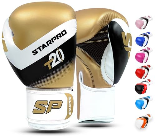 Starpro T20 Gants de Boxe en Cuir Synthétique. Gants de Formation Professionnelle en Muay Thaï, Kickboxing, Fitness et Boxercise, pour Hommes & Femmes. 8 Oz 10 Oz 12 Oz 14 Oz 16 Oz