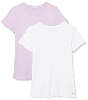 Amazon Essentials T-Shirt Tecnica Girocollo Elasticizzata Asciugatura Rapida (Anche in Taglie Forti) Donna, Pacco da 2, Bianco Brillante/Lilla, S