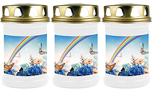 HS Candle Grabkerze Grablicht - 3er Pack - (Schmetterling Regenbogen) - ca 48h / 2 Tage Brenndauer je Kerze (14,5cm, Ø 7cm) - versch. Designs