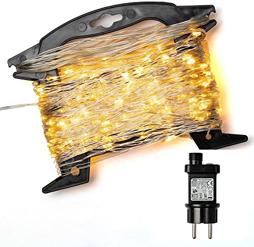 hellum LED Lichterkette außen Kupferkabel 300 warm-weiße LED beleuchtet 59,8m Lichterkette mit Timer+Trafo+Aufrollhilfe für Kinderzimmer Garten Balkon Party Hochzeit Weihnachten Innen+Außen 578959