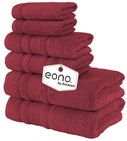 Eono Amazon 2 große Badetücher, 2 große Handtücher, 2 Waschlappen, superweiche ägyptische Baumwolle, 6-teiliges Premium-Handtuch-Set für Hotel & Spa, Badezimmer, Küche, Dusche – Burgund