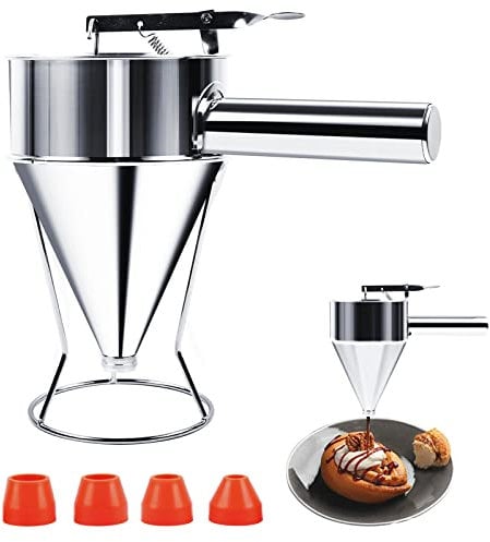 MaxAwe Edelstahl Teigportionierer, Kolbentrichter Pfannkuchen Teigspender 1200ml mit 4 x Trichtern und 1 x Pinsel, Edelstahl Backtrichter Trichter für Küchen Home Bäckerei Gebrauch