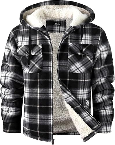 SCODI Men's Flannel Shirt Jacket Fleece Sherpa Lined Plaid Jackets Coat Full Zip Up Hoodie Winter Outwear Black White Large