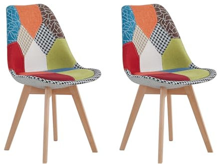 HJhomeheart Juego de 2 Sillas de Comedor de Tela Patchwork con Cojín de Asiento Extraíble y Patas de Madera Maciza para Comedor, Sala de Estar, Cocina, etc. (Retazos Rojo)