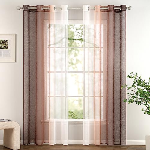 Woaboy 2er Set Voile Vorhang Zweifarbiger Vorhang mit Ösen Transparente Gardine Ösenschal Dekoschal Fensterschal Lichtdurchlässig für Schlafzimmer und Wohnzimmer 140x245cm Hellkaffee