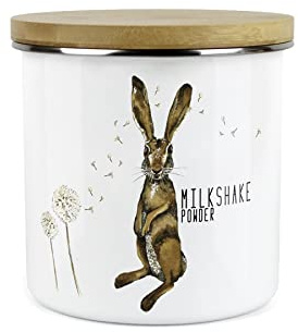 Purely Home Hares and Dandelions Milkshake Powder Storage Canister by Rhiannon Chauncey - White Metal Enamel Kitchen Food Storage Container