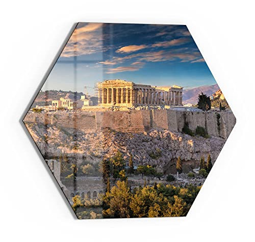 DEQORI Glasbild Echtglas | Motiv Blick auf die Akropolis | sechseckig einteilig 55x47,6 cm | schöne Dekoration | Wandbild für Wohnzimmer, Schlafzimmer, Flur & Küche | moderne Wanddeko