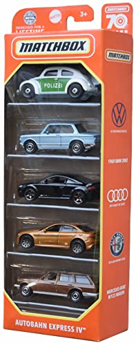 Matchbox Autobahn Express IV 4 Modellautos 5 Stück Pack VW Volkswagen BMW Alfa Romeo Audi Mercedes Benz W123 T Modell 2022 Kinder Spielzeugautos Set Geschenk