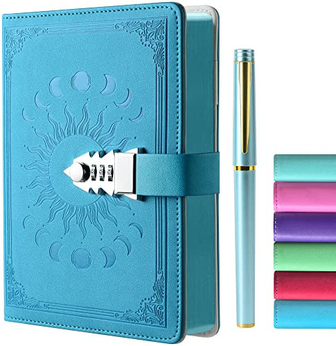 ZXHQ Tagebuch mit Schloss - A5 Notizbuch mit Stift Set, Nachfüllbares Leder Journal mit Buntem Seitenrand für Mädchen, Frauen, Männer und Jugendliche A5 Größe (21x15cm)