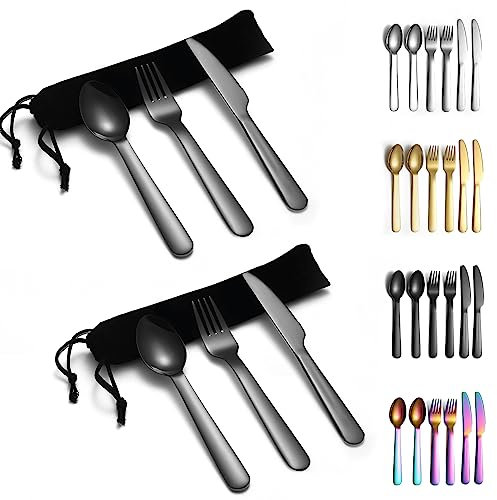 Evanda Set di posate portatili nere 2 confezioni, include cucchiaio da forchetta per coltelli, posate da campeggio placcate nere in titanio con borsa, per esterni, picnic, campeggio, viaggio