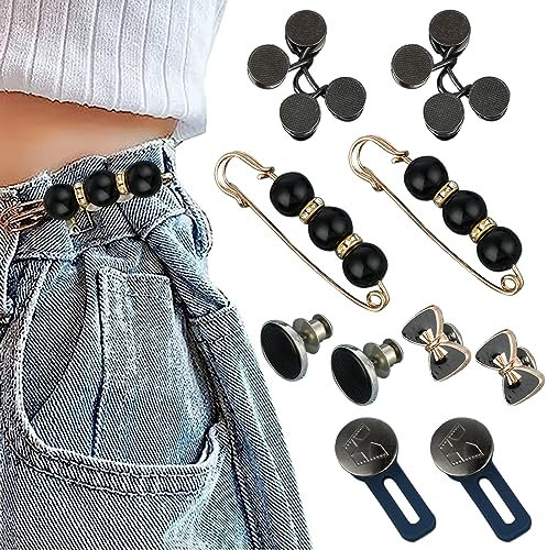 Cobee Hosen Taillenspanner, 10 Sets Taillenschnallen Clips kein Nähen Jean Knopfnadeln Knöpfe zum Festziehen der Knöpfe für Jeans Hosen Taille 5 Stile (schwarz)