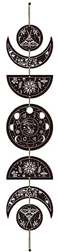 CREATCABIN 7 Stück Mondphasen-Wandbehang Boho-Dekor Holzwandkunst Hexendekor-Set Mit Baumwollfaden Schwarzer Mondzyklus Ästhetische Kunst Wandbehang Für Zuhause Bauernhaus 72.5x16cm Mondphase