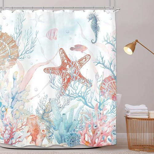 AALAYA Duschvorhang 200x200 cm Seestern, aus Stoff Polyester Waschbar Anti Schimmel Koralle Shower Curtains, Duschvorhänge Curtains mit 12 Haken
