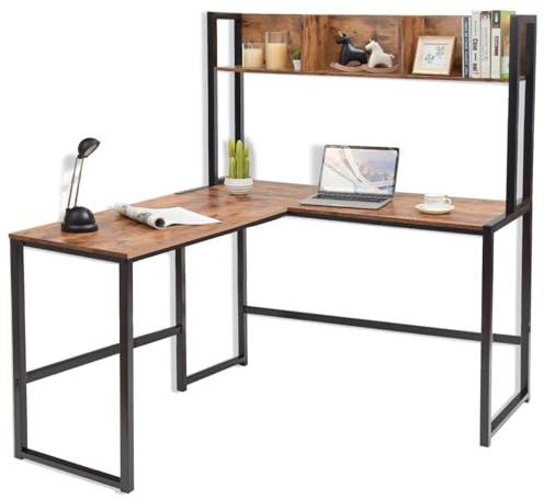 SFAREST L-Shaped Computer Desk, 2-Person Industrial Corner Working Writing Gaming Table with Storage Bookshelf, 140 x 126 x 149cm Wooden Metal Frame Laptop Workstation for Home Office (Rustic Brown)