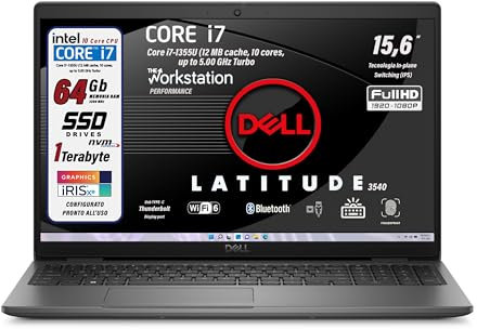 Notebook Dell Latitude, RAM 64 Gb, Intel Core i7-1355U 13th, 12 MB cache, 10 cores, 5.00 GHz Turbo, 15.6 FullHD, SSD 1Tb, Tastiera Retroilluminata, Fingerprint, Win 11 Pro, Pronto all'Uso