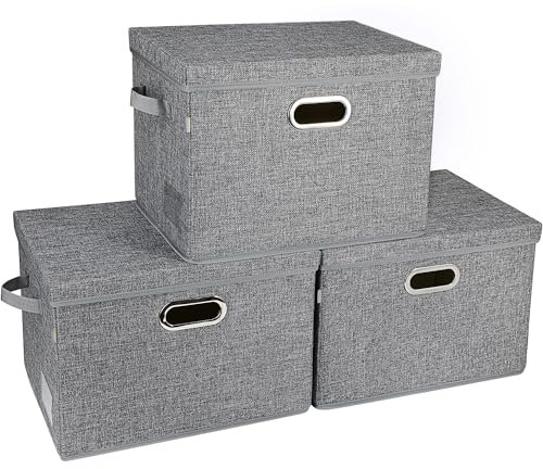 Voova Large Collapsible Storage Bins with Lids,3 Pack Stackable Linen Fabric Cube Storage Organizer,Foldable Closet Storage Boxes Baskets Containers with Cover for Clothes,Bedroom,Home,Grey