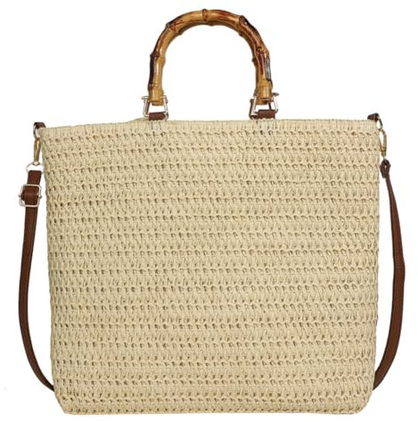 CRGANGZY Damen-Handtasche aus Stroh, handgewebt, Hobo-Tasche, großes Fassungsvermögen, stilvolle Umhängetasche mit Bambusgriff, Kordelzug for Party, Urlaub (Beige)