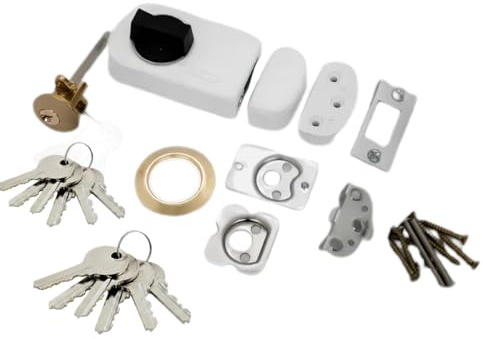 pokm toolsmarket - SET Weiss Kastenschloss für Türen + Zylinder + 12 Schlüssel für Türenstärke 30–65 mm, Dornmaß 50/60 mm, Mit Knauf, Zusatzschloss Zylinderschloss Ersatzschloss, EU-QUALITÄT