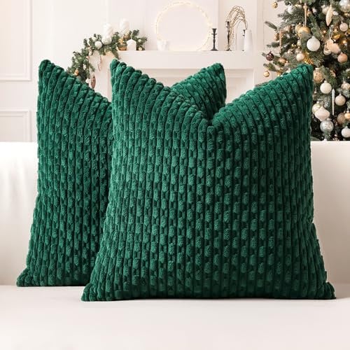Sungeek Set of 2 Dark Green Soft Corduroy Decorative Cushion Covers Boho Striped Throw Pillow Covers for Sofa Couch Living Room Patio Farmhouse Home Decor Pillowcases 40x40cm