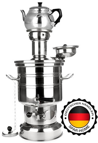Bergmann Premium Holzkohle Chrom Samowar 6 Liter - Handgefertigte Türkische Teekocher Semaver für Camping Garten Outdoor Wasserkocher mit Teekanne Samawar 2 x Teekanne 1,0 Liter (6 Liter)