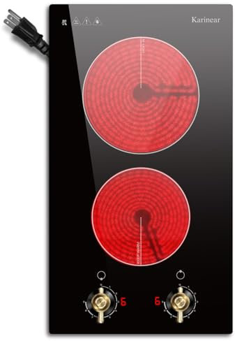 Karinear Electric Cooktop 2 Burners Electric Stove 12 Inch Knob Control Countertop & Built-in Ceramic Cooktop, 9 Heating Level, Hot Warning, Over-Temperature Protection(Gold Knob)