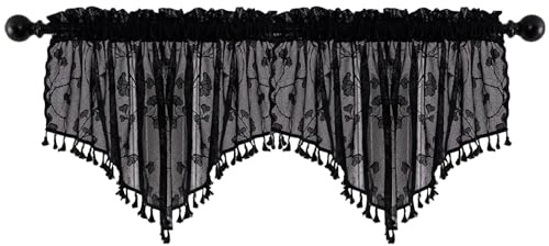 apott Lot de 2 cantonnières transparentes noires pour fenêtres, petits rideaux décoratifs en dentelle, pour cuisine, salon, motif feuilles