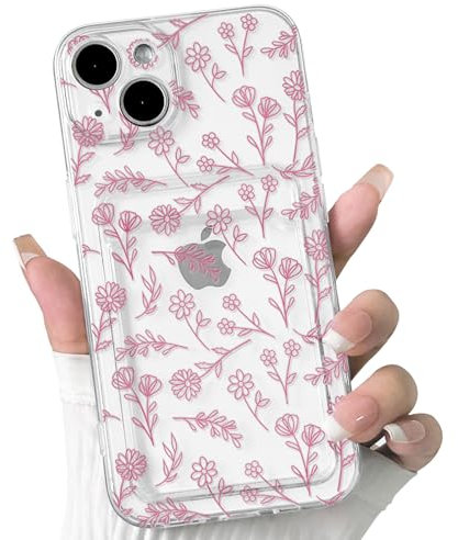 NITITOP Compatible with iPhone 13 Mini Case Clear with Card Holder Cute Flower Floral Leave Pattern for Women Girl Soft TPU Shock-absorbing Wallet Case Protective Phone Cover - Pink