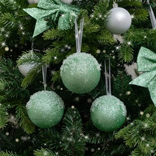 Melody Maison Set of 3 Round Sage Green Glitter Frosted Baubles