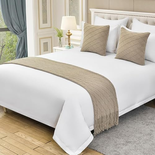 XLDZ Gestrickter, weicher, hautfreundlicher Bettläufer und passende Kissen mit Rautenmuster, Bettüberwurf für Hotelbettwäsche und vielseitige Heimdekoration (Khaki, 180 x 60 cm für 1,2 m Bett)