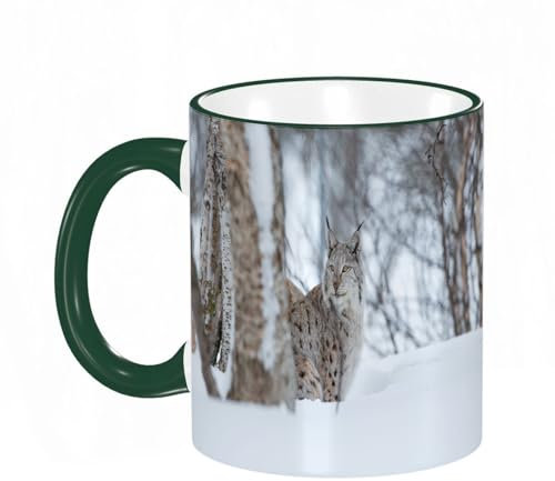 HWFOI Bedruckte Tasse Kinder Geschenk für Jungen & Mädchen Kaffeetasse Teetasse aus Keramik 330 ml,Europäischer Luchs im Schnee. Kalter Winter im Februar in Norwegen.,Dunkelgrün