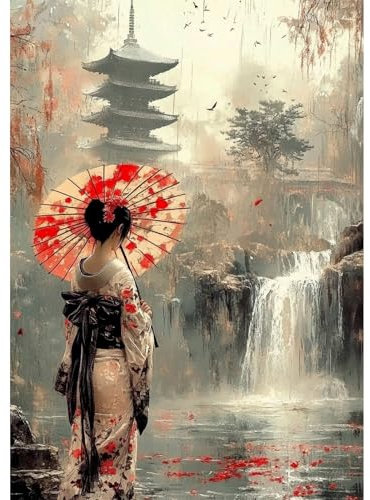 QENSPE 5D DIY Diamond Painting Mujer Japonesa Pintura Diamante para Adultos, Kit Bordado Art Diamante Redondo Completo Punto de Cruz de Diamantes Artesanía Pared Decor 30x40cm, Paisaje
