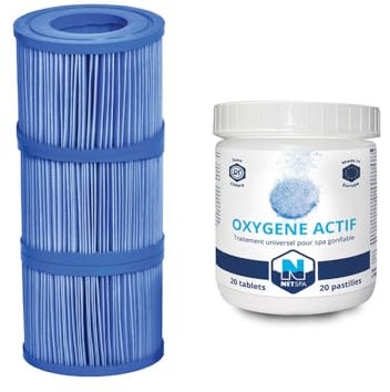 NetSpa Pack Entretien Spa, 3 Cartouches Filtrantes 10,5 x 8 cm + 20 Pastilles d'Oxygène Actif 20g