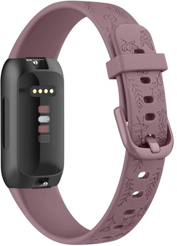 YLK Armband Kompatibel mit Fitbit Inspire 3 Armband für Damen Herren, Floral Gravierte Armbänder, Weich Silikon Sport Ersatzarmband für Fitbit Inspire 3 Uhrenarmband (Rauch Violett)